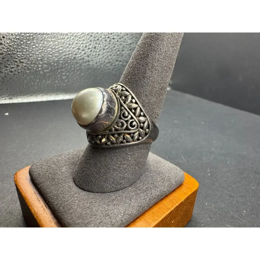 Vtg 925 Sterling Silver Mother Of Pearl Cocktail Statement Filigree Ring Sz 10